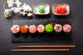 Gunkan sushi set with salmon, tuna, perch, eel, scallop, caviar, shrimp, sharp. Traditional Japanese cuisine. Royalty Free Stock Photo