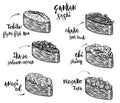 Gunkan sushi species. Isolated line sushi illustrations on white background. Japanese food.