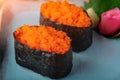 Gunkan sushi tobiko sushi or flying fish`s roe sushi serve in Japanese style food Royalty Free Stock Photo