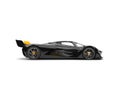 Gunmetal black racing super car with yellow details - side view