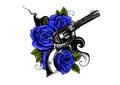 Guns and rose flowers drawn in tattoo style. illustration.