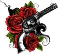 Guns and rose flowers drawn in tattoo style. Vector illustration.