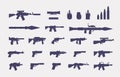 Guns silhouette. Military firearms icons for rpg design, army arsenal weapon and ammo, pistol shotgun grenade revolver