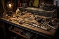 gunsmithing equipment and protective gear on table Royalty Free Stock Photo