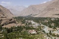 Gunt River with the city of Khorog in the Wakhan valley in Tajikistan with the Pamir mountains