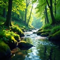 Gurgling spring river meanders through vibrant, new growth forest, river, creek, plants Royalty Free Stock Photo