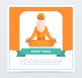 Guru yoga banner, meditating yogi man flat vector element for website or mobile app