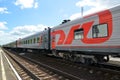 GUSEV, RUSSIA - JUNE 04, 2015: The passenger train costs on rail