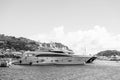 Gustavia, st.barts - January 25, 2016: yachts anchored at sea pier on tropical beach. Yachting, luxury travel on yacht Royalty Free Stock Photo