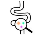 Gut bacteria icon on white background. bacterial microorganism in microscope circle. probiotics under magnify sign. flat style