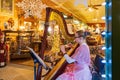 Night view of the Victorian Walk with a girl dress up in historical outfits playing harp