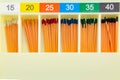 gutta-percha pins in a set of different sizes for root canal filling, endodontic ruler close-up Royalty Free Stock Photo