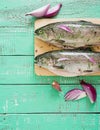 Gutted trout on a bright wooden background. Royalty Free Stock Photo