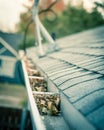 Gutter full of dried leaves near roof shingles with satellite dish in background