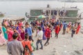 GUWAHATI, INDIA - JANUARY 31, 2017: People disembarking at Peacock Umananda island in Brahmaputra river near Guwahati, Ind Royalty Free Stock Photo