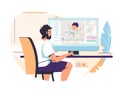 Guy animator designer in creative process vector illustration. Man motion designer sitting at workplace and working on