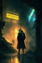 A guy with backpack walking in abandoned city digital art