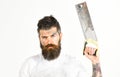 Guy with beard covered with dust. Builder, worker, carpenter, Royalty Free Stock Photo