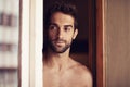 Guy, beard or thinking of skincare, grooming or future of wellness, planning or vision as glow. Idea, man or break to Royalty Free Stock Photo