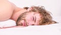 Guy bearded macho relax in morning. Man attractive macho relax and feel comfortable. Simple tips to improve your sleep