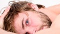 Guy bearded macho relax in morning. Total relax concept. Man attractive macho relax and feel comfortable. Simple tips to