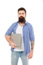 Guy bearded man brutal web developer. Social media marketing expert. Man with laptop works as smm expert web developer