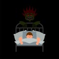 Guy in bed and Nightmare. Horror of night. Horrible dream. Monster in night. Vector illustration