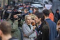 A guy being interviewed at the demonstration on Prague Wenceslas square against the current government and Babis Royalty Free Stock Photo