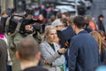 A guy being interviewed at the demonstration on Prague Wenceslas square against the current government and Babis Royalty Free Stock Photo