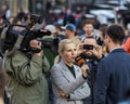 A guy being interviewed at the demonstration on Prague Wenceslas square against the current government and Babis Royalty Free Stock Photo