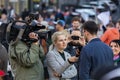 A guy being interviewed at the demonstration on Prague Wenceslas square against the current government and Babis Royalty Free Stock Photo