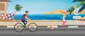 Guy in bicycle helmet on bike. Male character with tourist backpack rides on beach in autumn