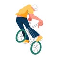 Guy on bmx, disproportionate flat with outlines vector illustration, isolated overexaggerated bicyclist on white background.