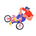 Guy on bmx make trick, disproportionate bright flat vector illustration, isolated overexaggerated bicyclist on grey background.