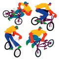 Guy on bmx make trick, disproportionate overtone flat vector illustration set, isolated overexaggerated bicyclist on white Royalty Free Stock Photo