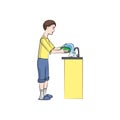 Guy, boy man washes the dishes. Vector color illustration.