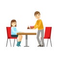 Guy Briniging Cakes To The Girl At The Table, Smiling Person Having A Dessert In Sweet Pastry Cafe Vector Illustration