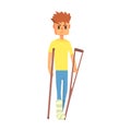 Guy With Broken Leg On Crouches, Adult Person Feeling Unwell, Sick, Suffering From Injury Royalty Free Stock Photo