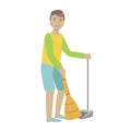 Guy With Broom And Duster Sweeping The Floor, Cartoon Adult Characters Cleaning And Tiding Up Royalty Free Stock Photo