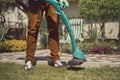 Guy in casual clothes and colorful gloves is cutting green grass with professional electrical mini lawn mower in garden Royalty Free Stock Photo