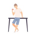 Guy In Casual Style Clothes Leaned On Table And Drinking Wine Vector Illustration Isolated On White Background
