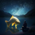 A guy catches a golden magical fish digital art