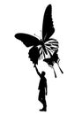 The guy caught his dream flying away like a butterfly. Allegory. Also good for tattoo. Editable vector monochrome image with high
