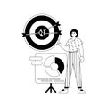 The guy with the chart . The arrow hits the prey . black and White linear stylus. Trendy style, Vector Illustration