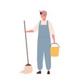 Guy cleaning staff with mop and bucket vector flat illustration. Happy male janitor in cap and uniform with equipment
