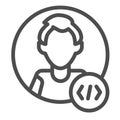 Guy coder with a code tag, avatar of programmer, developer line icon, ui concept, man vector sign on white background Royalty Free Stock Photo