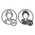 Guy coder with a code tag, avatar of programmer, developer line and solid icon, ui concept, man vector sign on white Royalty Free Stock Photo