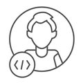 Guy coder with a code tag, avatar of programmer, developer thin line icon, ui concept, man vector sign on white Royalty Free Stock Photo
