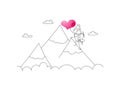 A guy conquers a mountain peak for the sake of great love. Carries a pink heart in her hands.