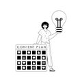 Guy , content plan and fall light bulb . capable of social network . black and white linear vogue. Trendy style, Vector